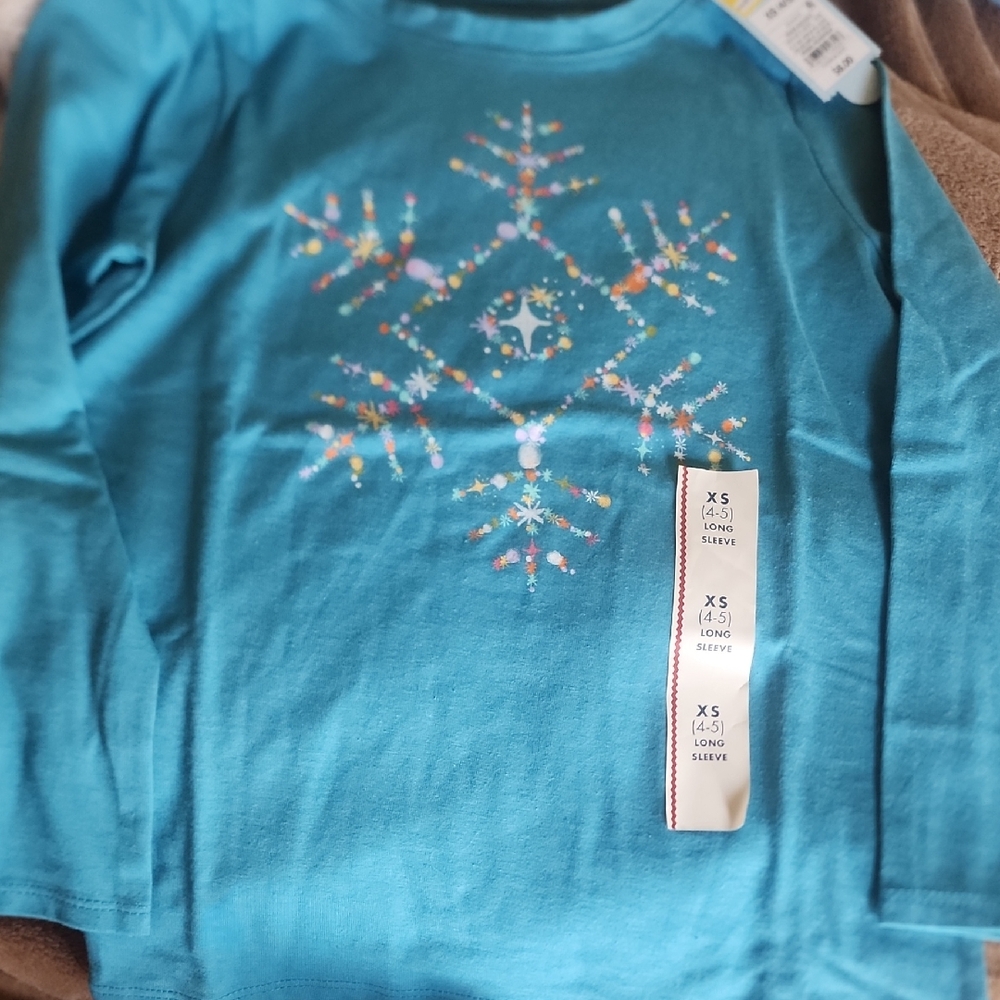 Nwt Sz 4/5 Cat & Jack Teal Long Sleeve Snowflake Tee